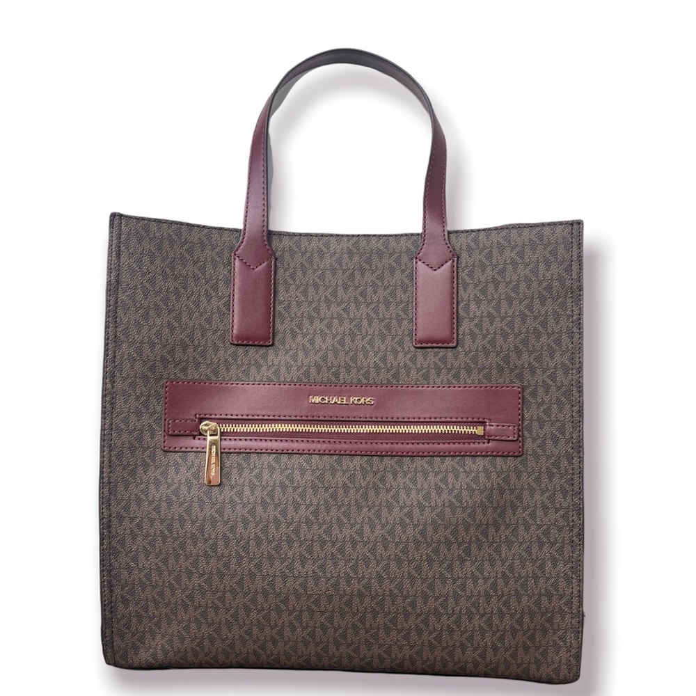 COPY - Michael Kors Large Tote bag Mk print logo brown and wine leather Black F…